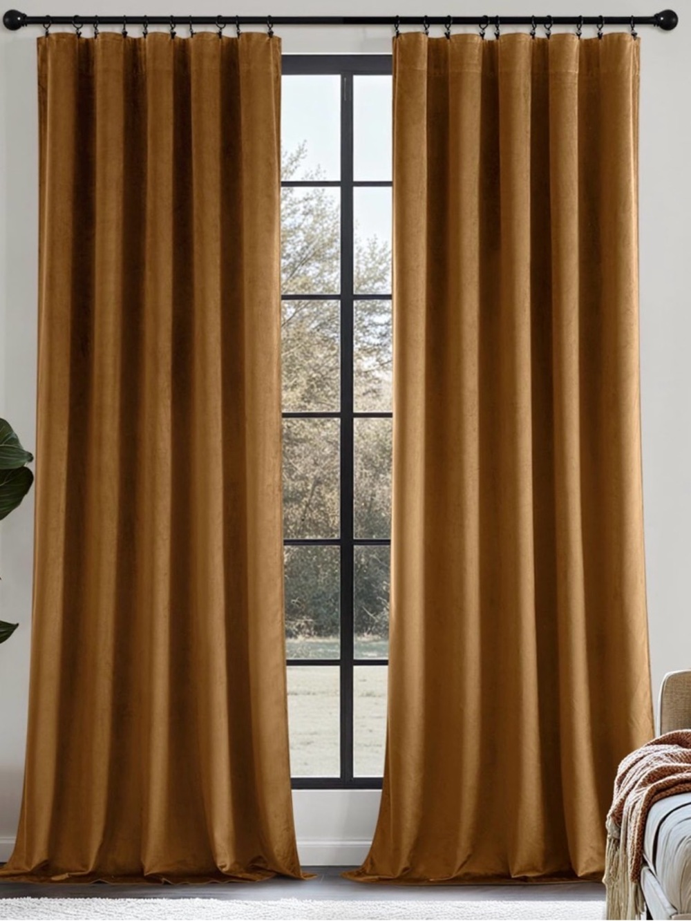 Lux Velvet Curtain Panel in Camel Brown - Home Accents